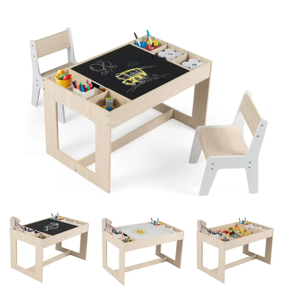 Multifunctional Kids Table and 2 Chairs Set with Chalkboard-Natural - Natural - Kids Table & Chair Sets