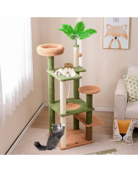 Multilevel Cat Tree with Scratching Posts and Rope Plush Perch Toy Bed-Green - Green - Cat Trees Condos & Scratchers
