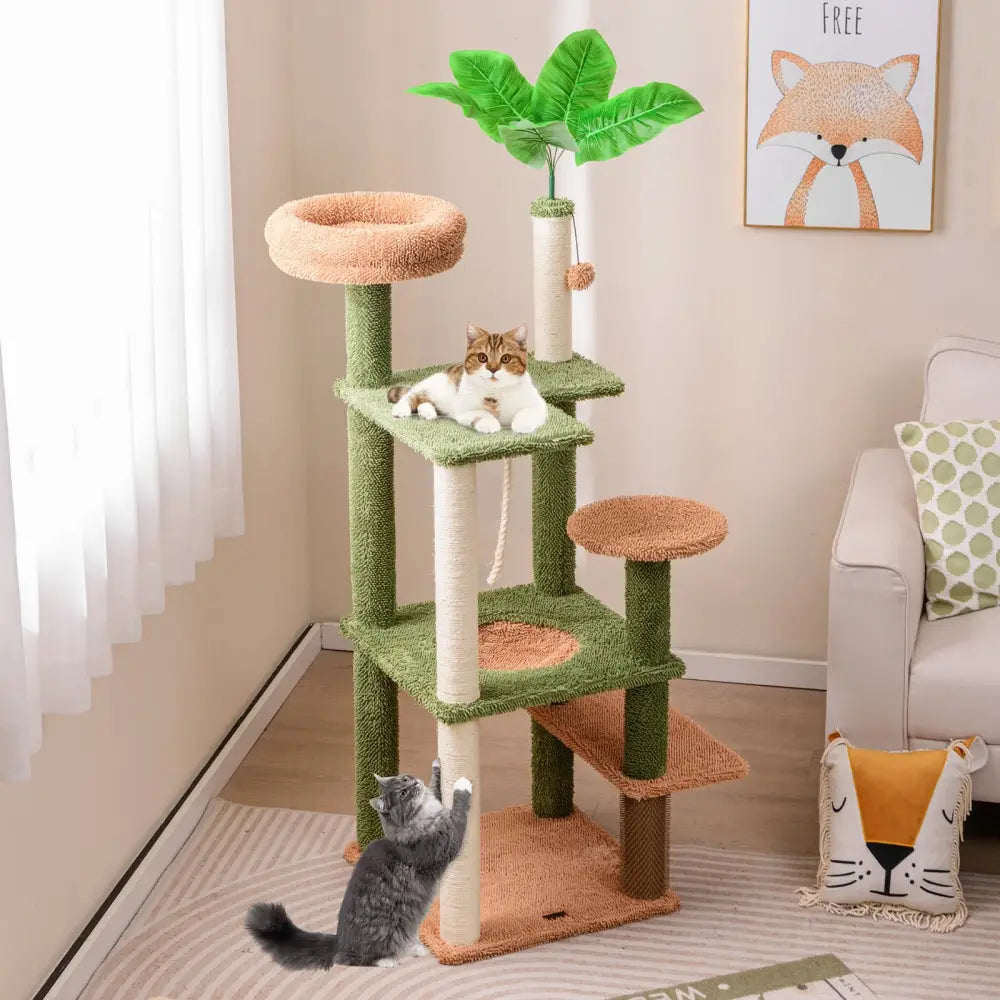 Multilevel Cat Tree with Scratching Posts and Rope Plush Perch Toy Bed-Green - Green - Cat Trees Condos & Scratchers