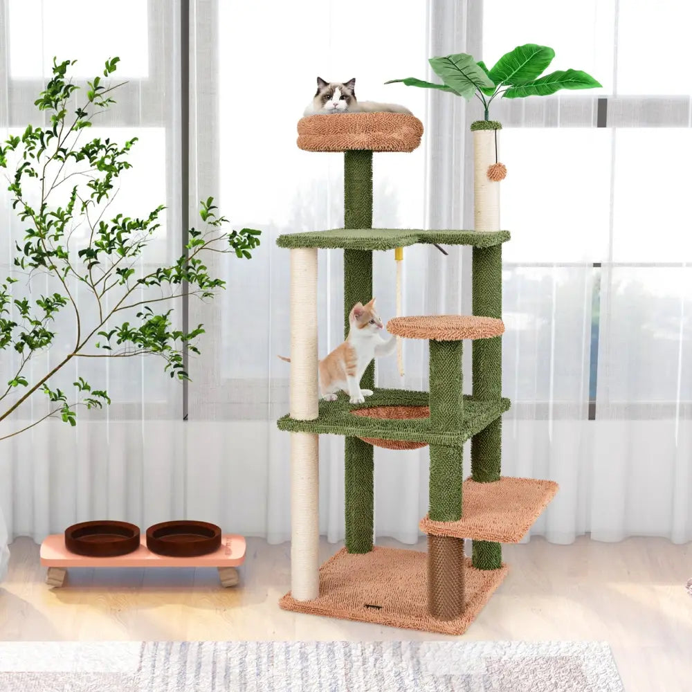 Multilevel Cat Tree with Scratching Posts and Rope Plush Perch Toy Bed-Green - Green - Cat Trees Condos & Scratchers