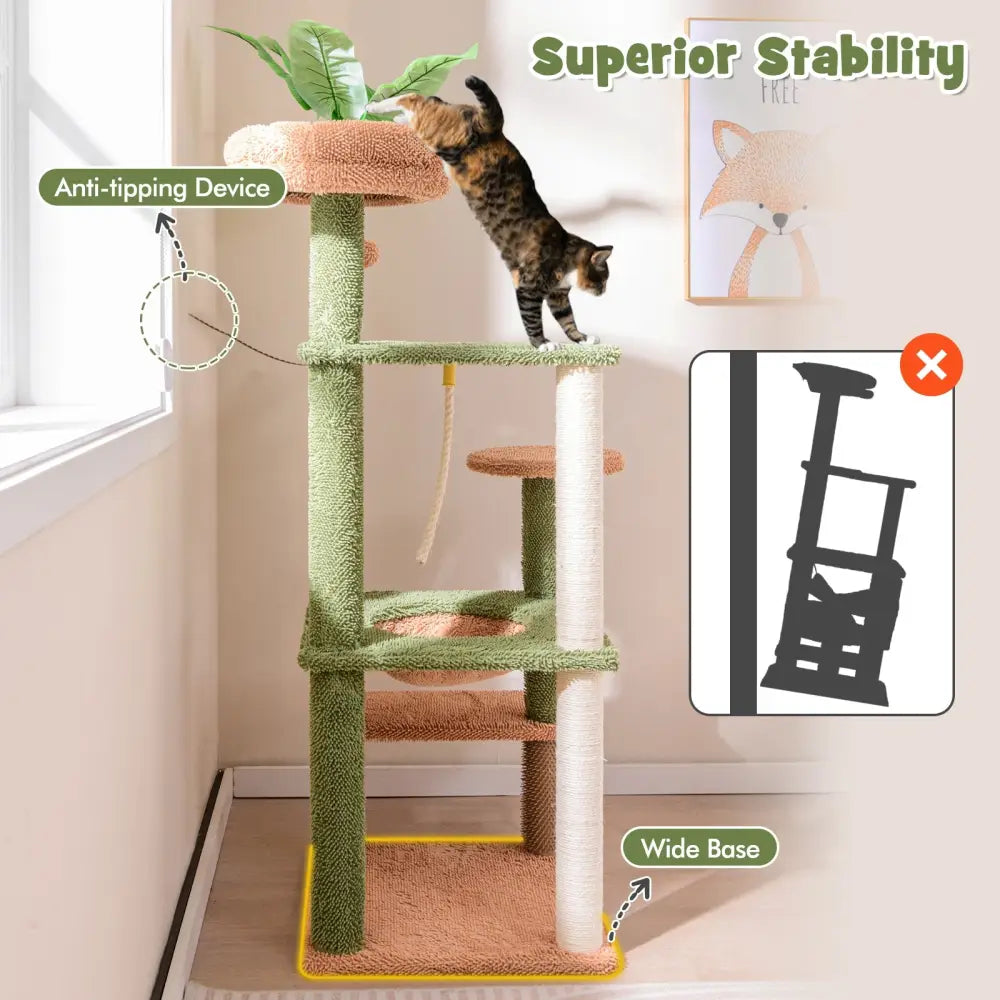 Multilevel Cat Tree with Scratching Posts and Rope Plush Perch Toy Bed-Green - Green - Cat Trees Condos & Scratchers