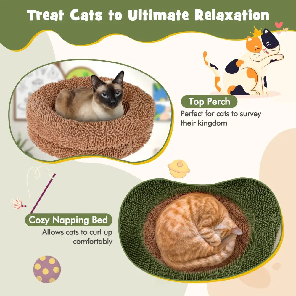 Multilevel Cat Tree with Scratching Posts and Rope Plush Perch Toy Bed-Green - Green - Cat Trees Condos & Scratchers