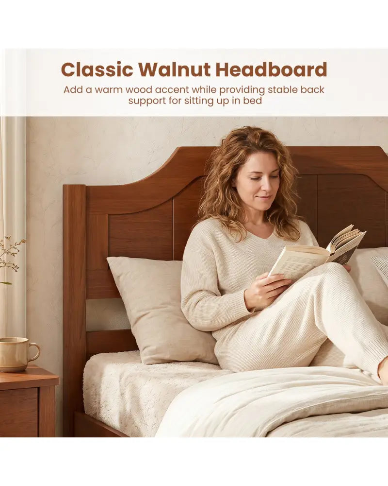 Multiple Size Solid Wood Platform Bed Frame with Headboard in Walnut-Twin Size - Beds & Bed Frames