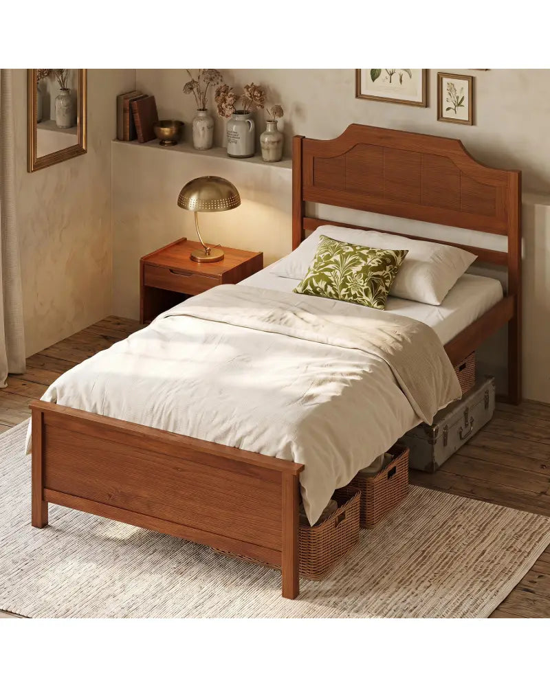 Multiple Size Solid Wood Platform Bed Frame with Headboard in Walnut-Twin Size - Beds & Bed Frames
