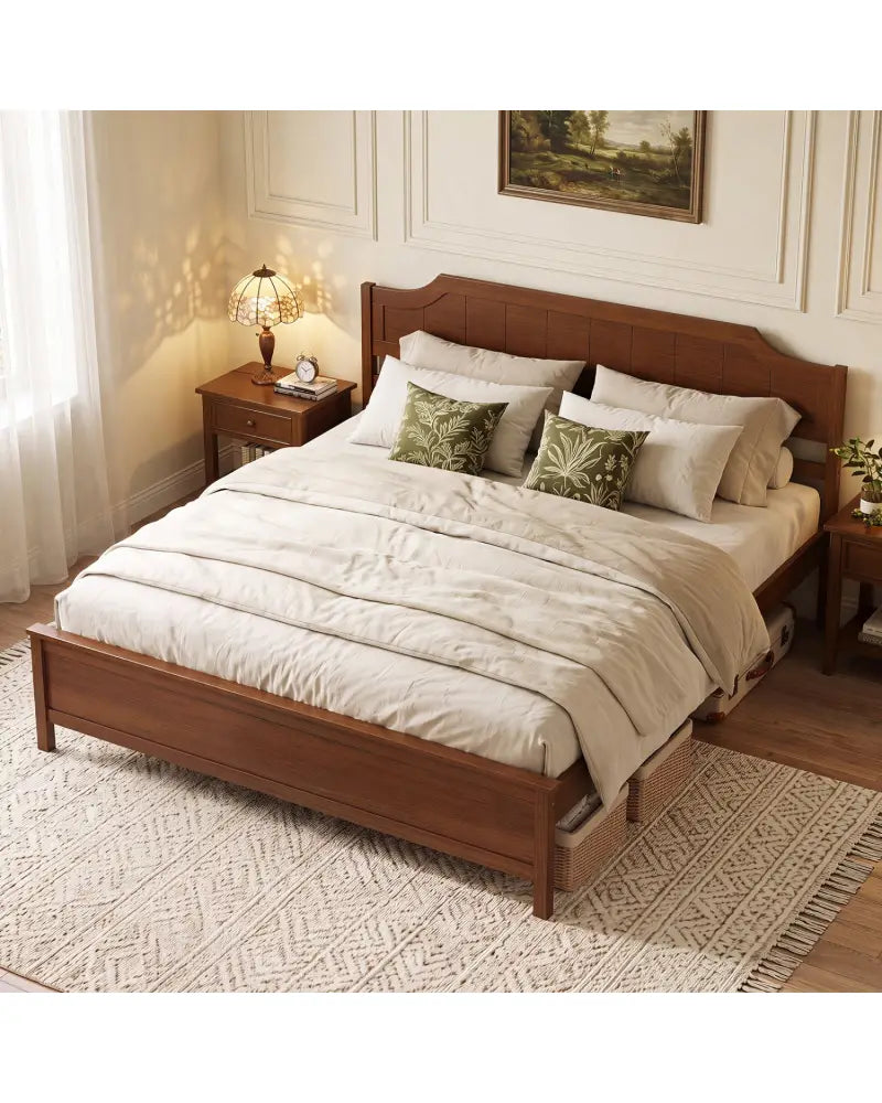 Multiple Size Solid Wood Platform Bed Frame with Headboard in Walnut-King Size - Beds & Bed Frames