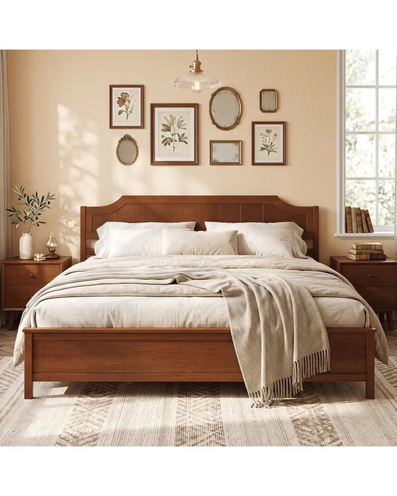 Multiple Size Solid Wood Platform Bed Frame with Headboard in Walnut-King Size - Beds & Bed Frames
