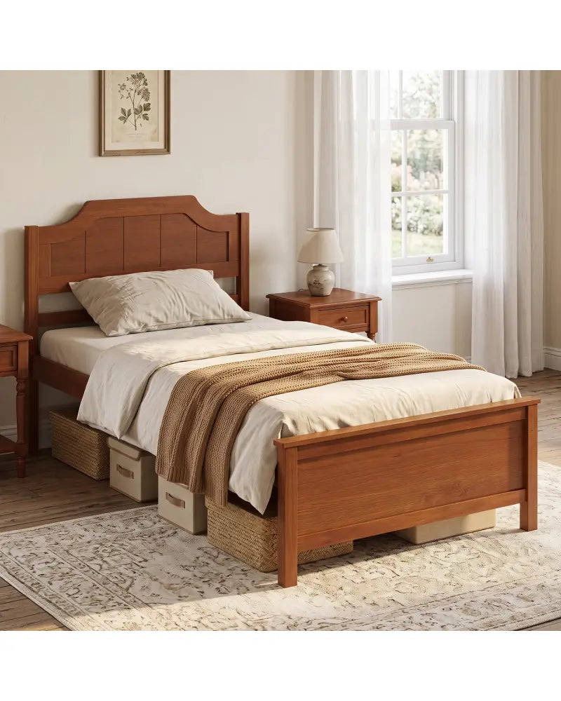 Multiple Size Solid Wood Platform Bed Frame with Headboard in Walnut-Twin Size - Beds & Bed Frames