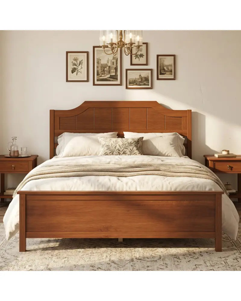 Multiple Size Solid Wood Platform Bed Frame with Headboard in Walnut-Full Size - Beds & Bed Frames