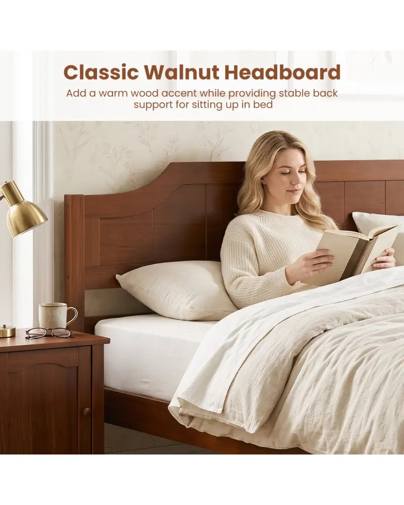 Multiple Size Solid Wood Platform Bed Frame with Headboard in Walnut-Full Size - Beds & Bed Frames
