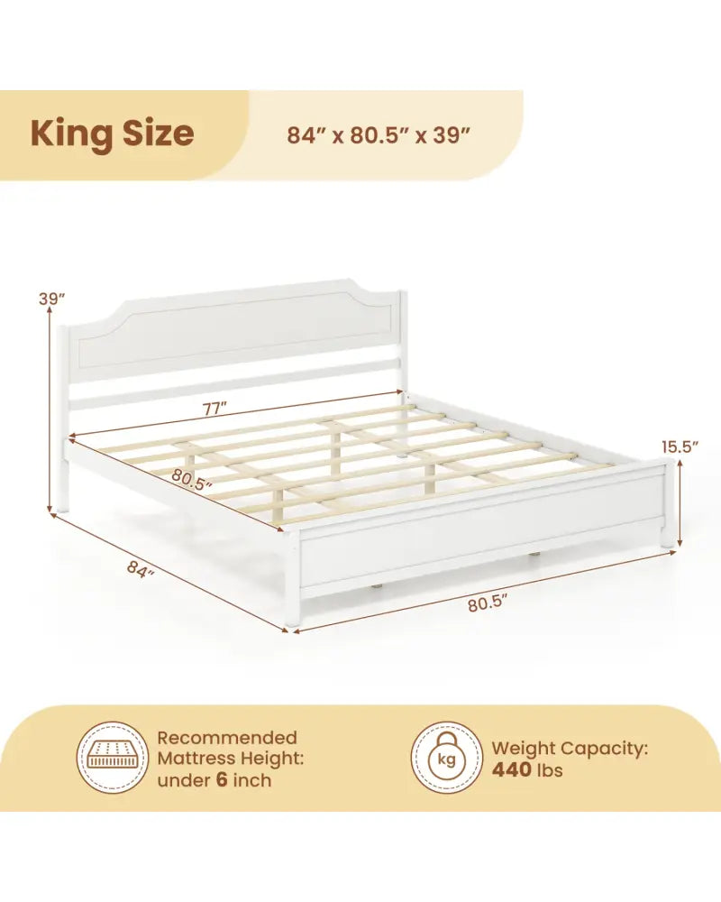 Multiple Size Solid Wood Platform Bed Frame with Headboard in White-King Size - Beds & Bed Frames