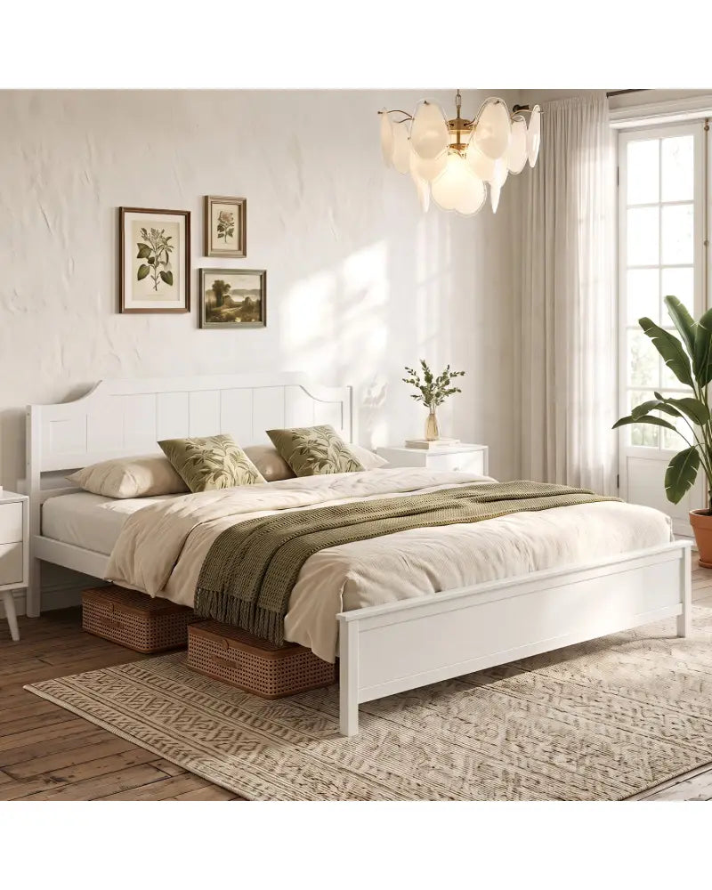 Multiple Size Solid Wood Platform Bed Frame with Headboard in White-King Size - Beds & Bed Frames
