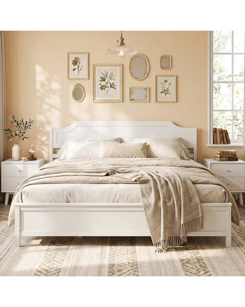 Multiple Size Solid Wood Platform Bed Frame with Headboard in White-King Size - Beds & Bed Frames