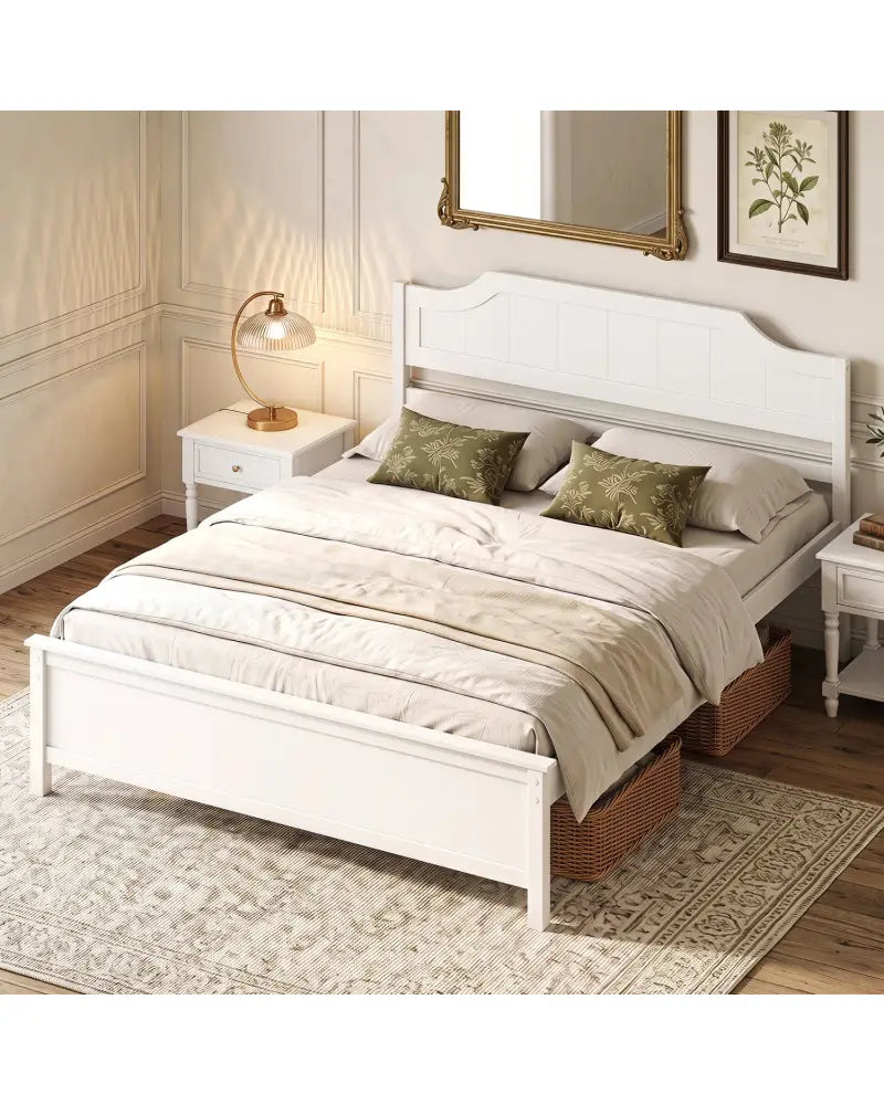 Multiple Size Solid Wood Platform Bed Frame with Headboard in White-Queen Size - Beds & Bed Frames