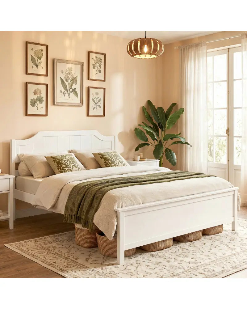 Multiple Size Solid Wood Platform Bed Frame with Headboard in White-Queen Size - Beds & Bed Frames
