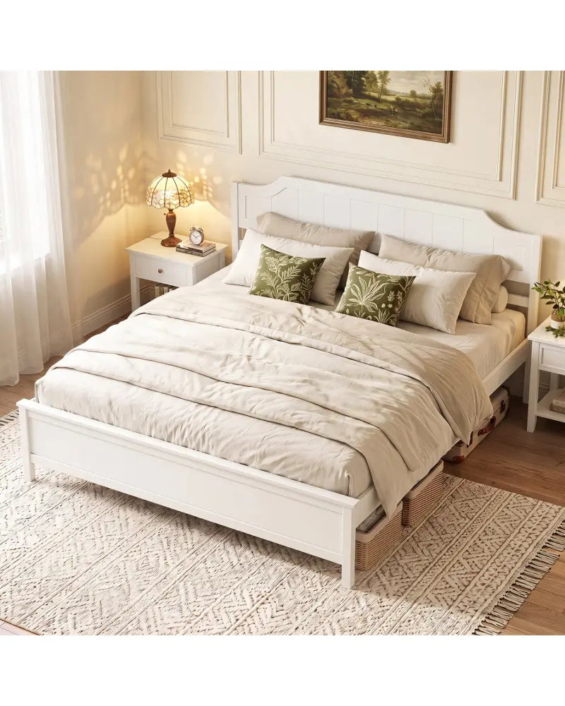 Multiple Size Solid Wood Platform Bed Frame with Headboard in White-King Size - Beds & Bed Frames