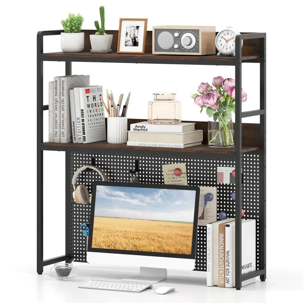 Multipurpose 2-Tier Desktop Bookshelf with Pegboard for up to 32 Inch Computer Monitor-Rustic Brown - Rustic Brown