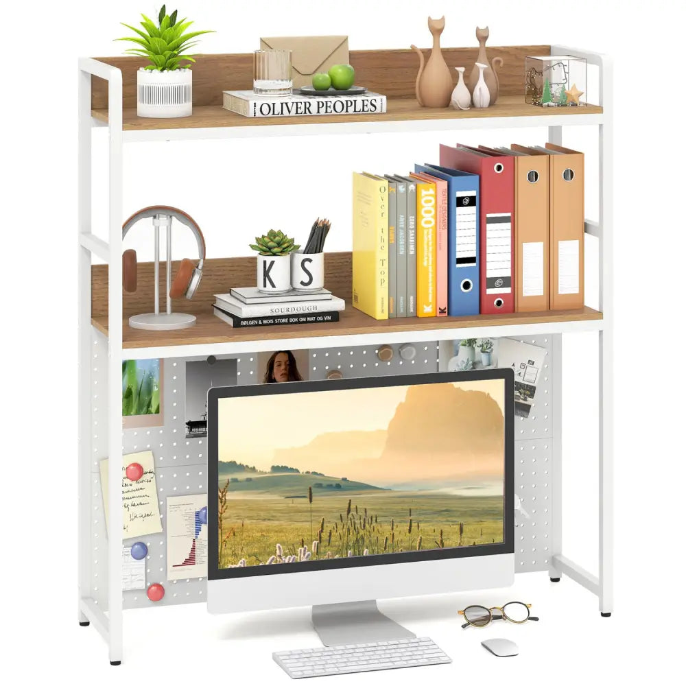 Multipurpose 2-Tier Desktop Bookshelf with Pegboard for up to 32 Inch Computer Monitor-Natural - Natural - Bookcases