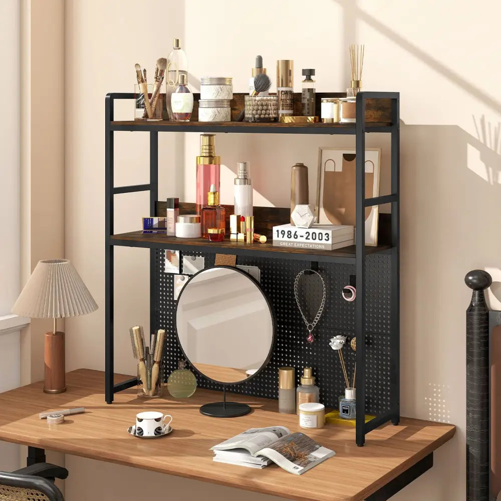 Multipurpose 2-Tier Desktop Bookshelf with Pegboard for up to 32 Inch Computer Monitor-Rustic Brown - Rustic Brown