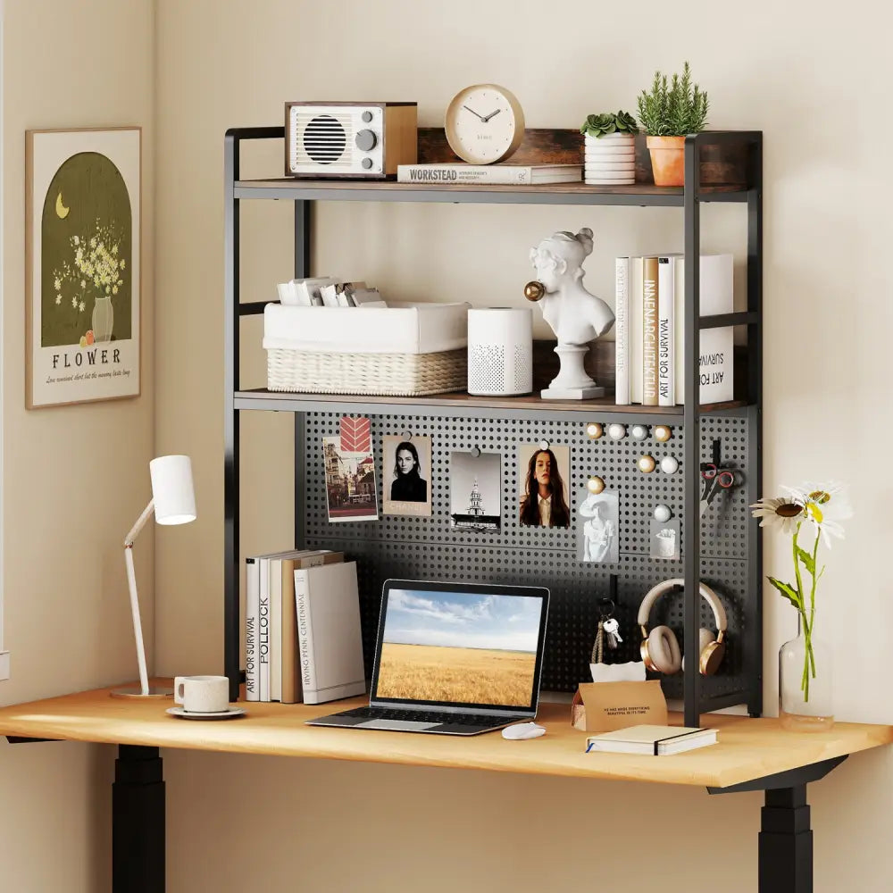 Multipurpose 2-Tier Desktop Bookshelf with Pegboard for up to 32 Inch Computer Monitor-Rustic Brown - Rustic Brown