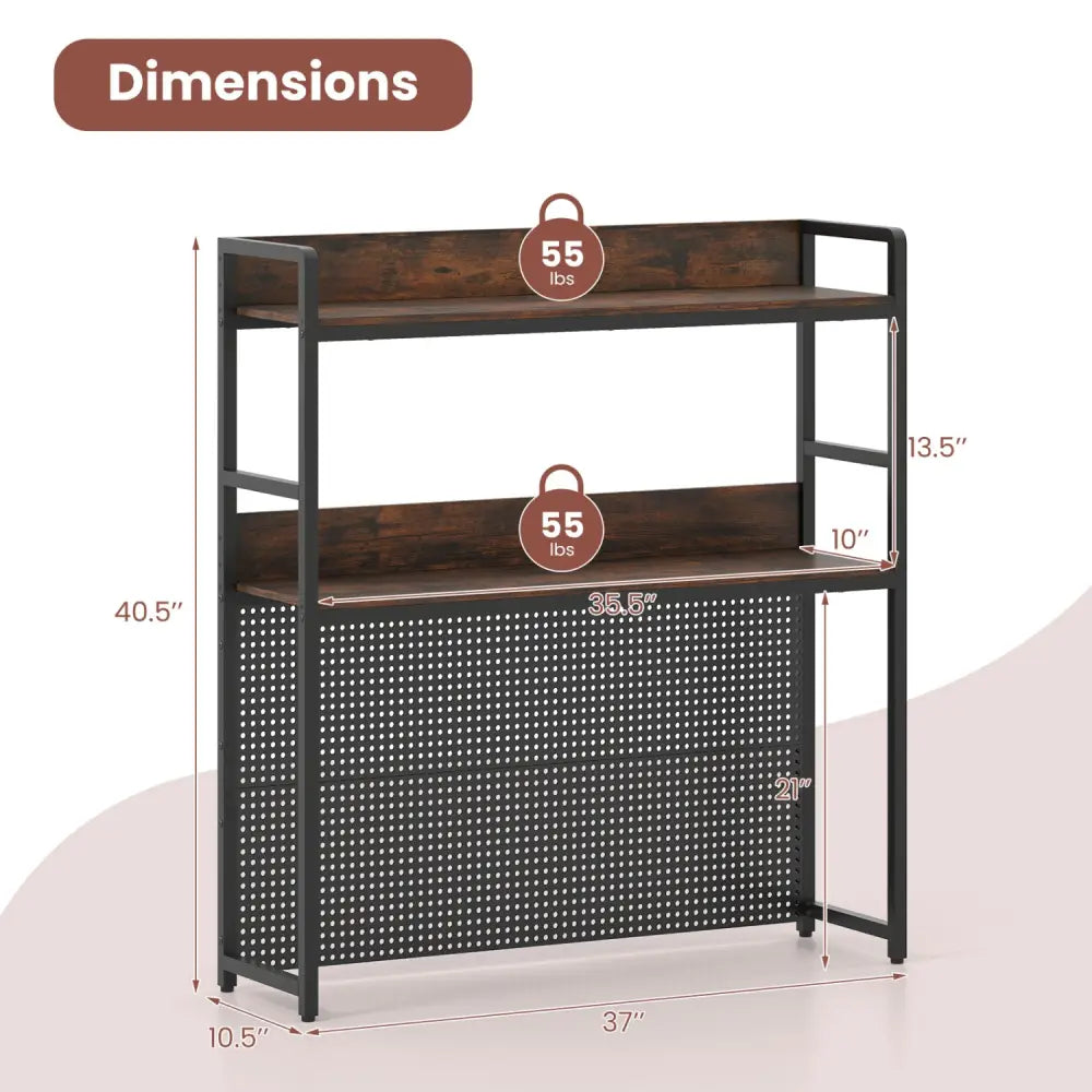 Multipurpose 2-Tier Desktop Bookshelf with Pegboard for up to 32 Inch Computer Monitor-Rustic Brown - Rustic Brown