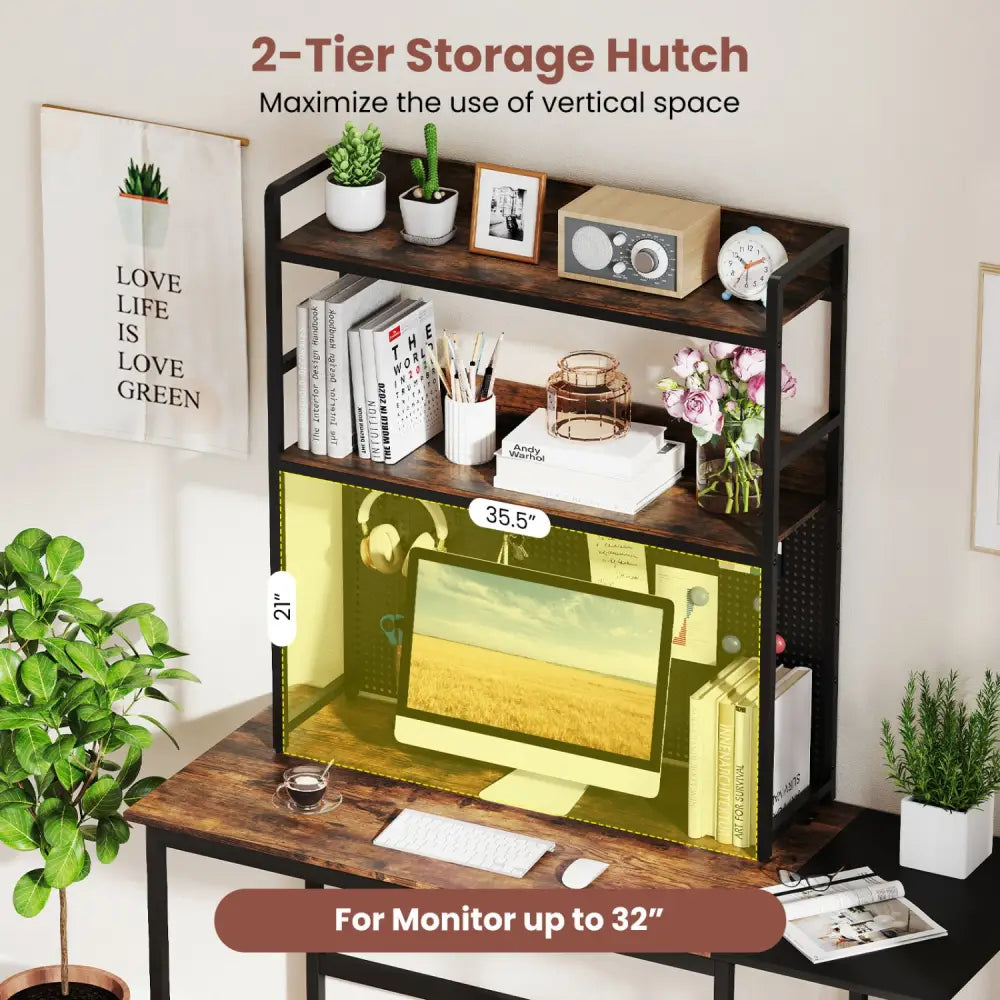 Multipurpose 2-Tier Desktop Bookshelf with Pegboard for up to 32 Inch Computer Monitor-Rustic Brown - Rustic Brown
