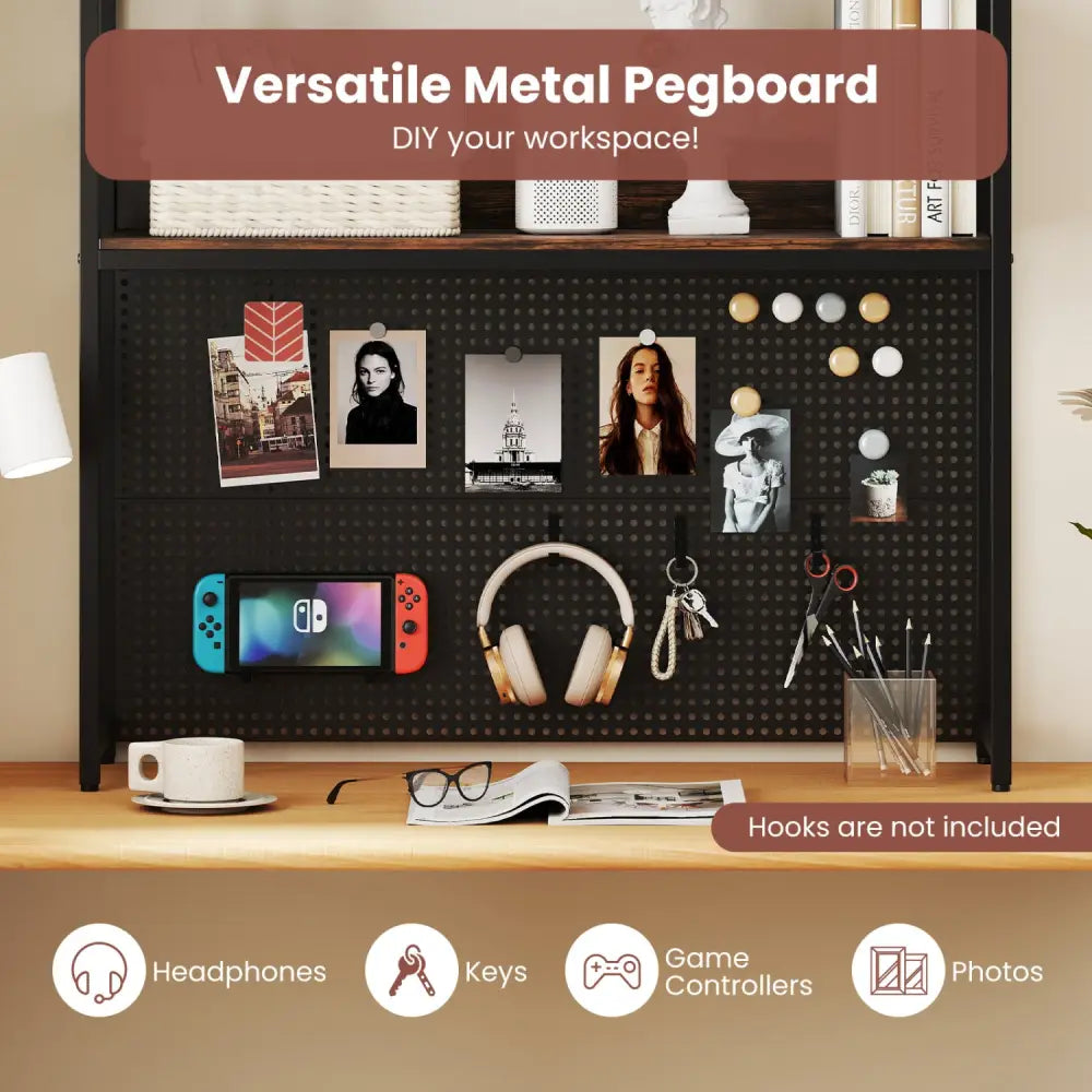 Multipurpose 2-Tier Desktop Bookshelf with Pegboard for up to 32 Inch Computer Monitor-Rustic Brown - Rustic Brown