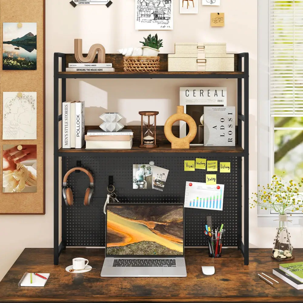Multipurpose 2-Tier Desktop Bookshelf with Pegboard for up to 32 Inch Computer Monitor-Rustic Brown - Rustic Brown
