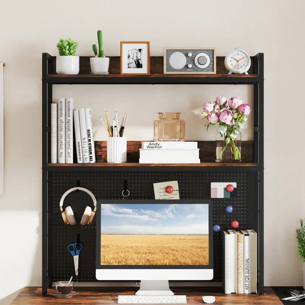 Multipurpose 2-Tier Desktop Bookshelf with Pegboard for up to 32 Inch Computer Monitor-Rustic Brown - Rustic Brown