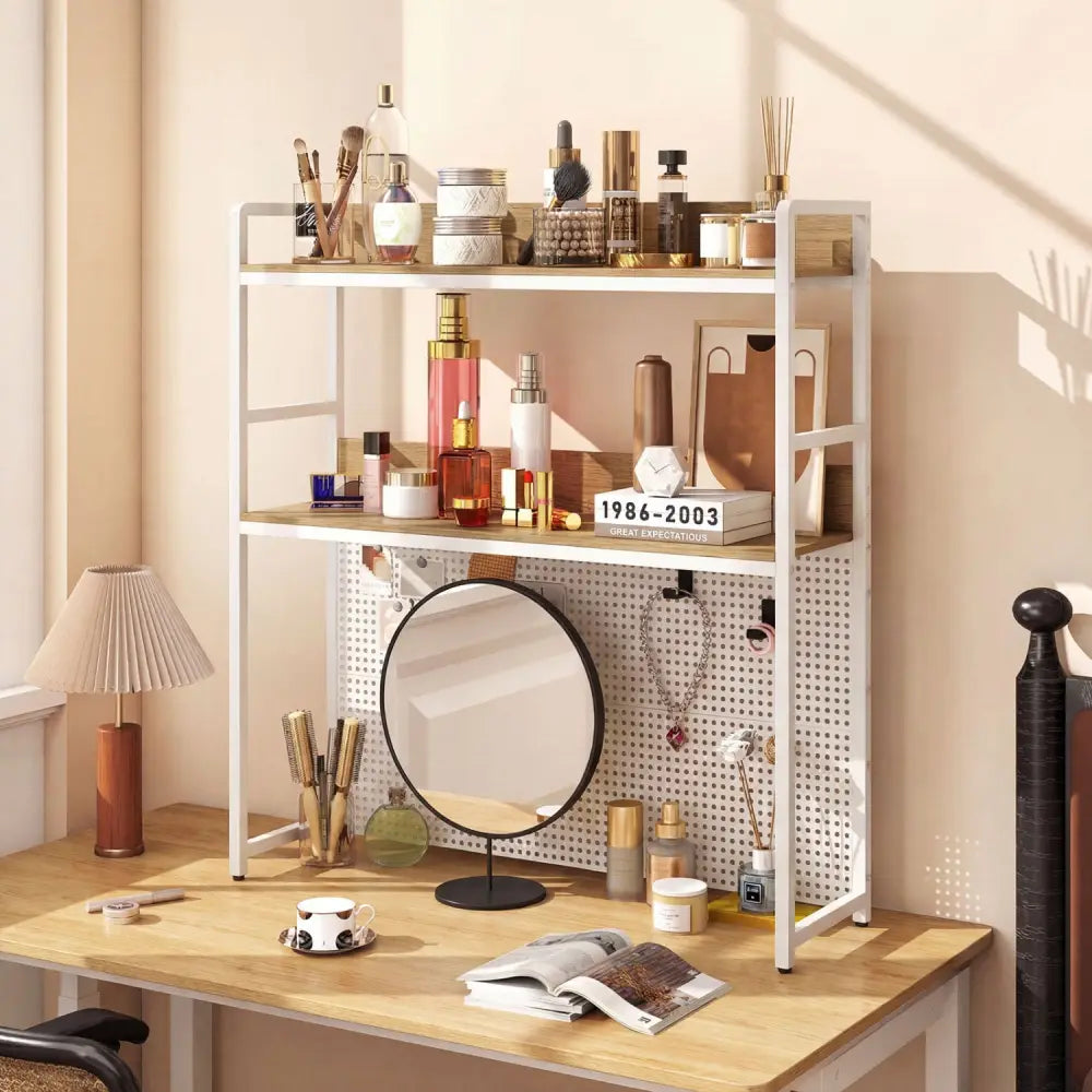 Multipurpose 2-Tier Desktop Bookshelf with Pegboard for up to 32 Inch Computer Monitor-Natural - Natural - Bookcases