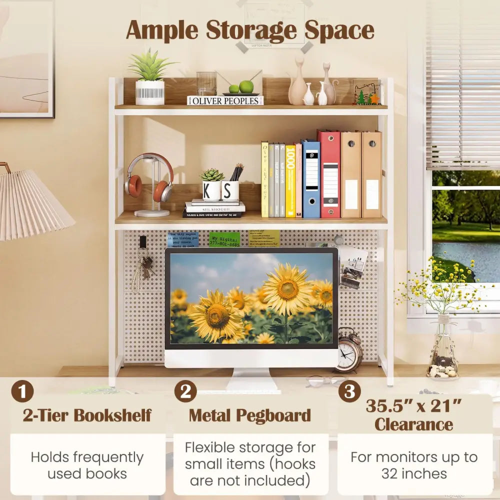 Multipurpose 2-Tier Desktop Bookshelf with Pegboard for up to 32 Inch Computer Monitor-Natural - Natural - Bookcases