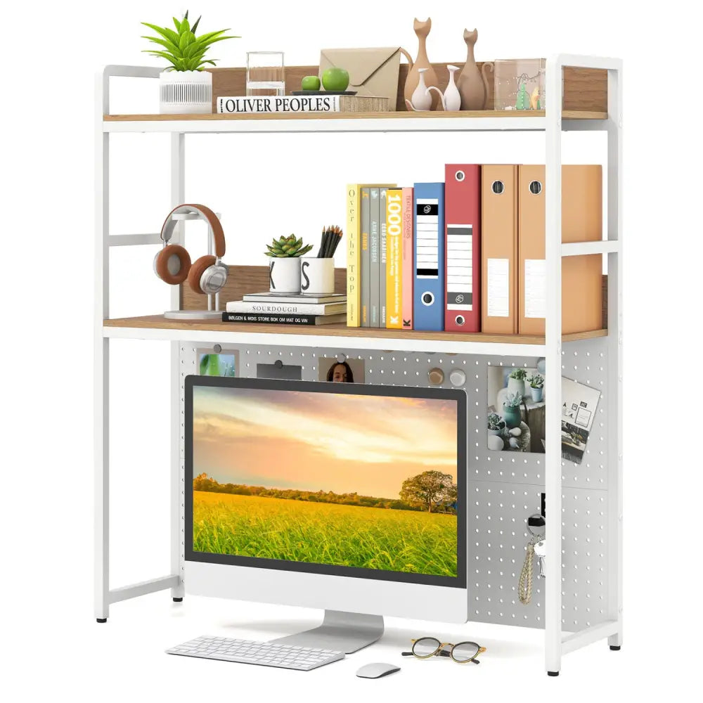 Multipurpose 2-Tier Desktop Bookshelf with Pegboard for up to 32 Inch Computer Monitor-Natural - Natural - Bookcases