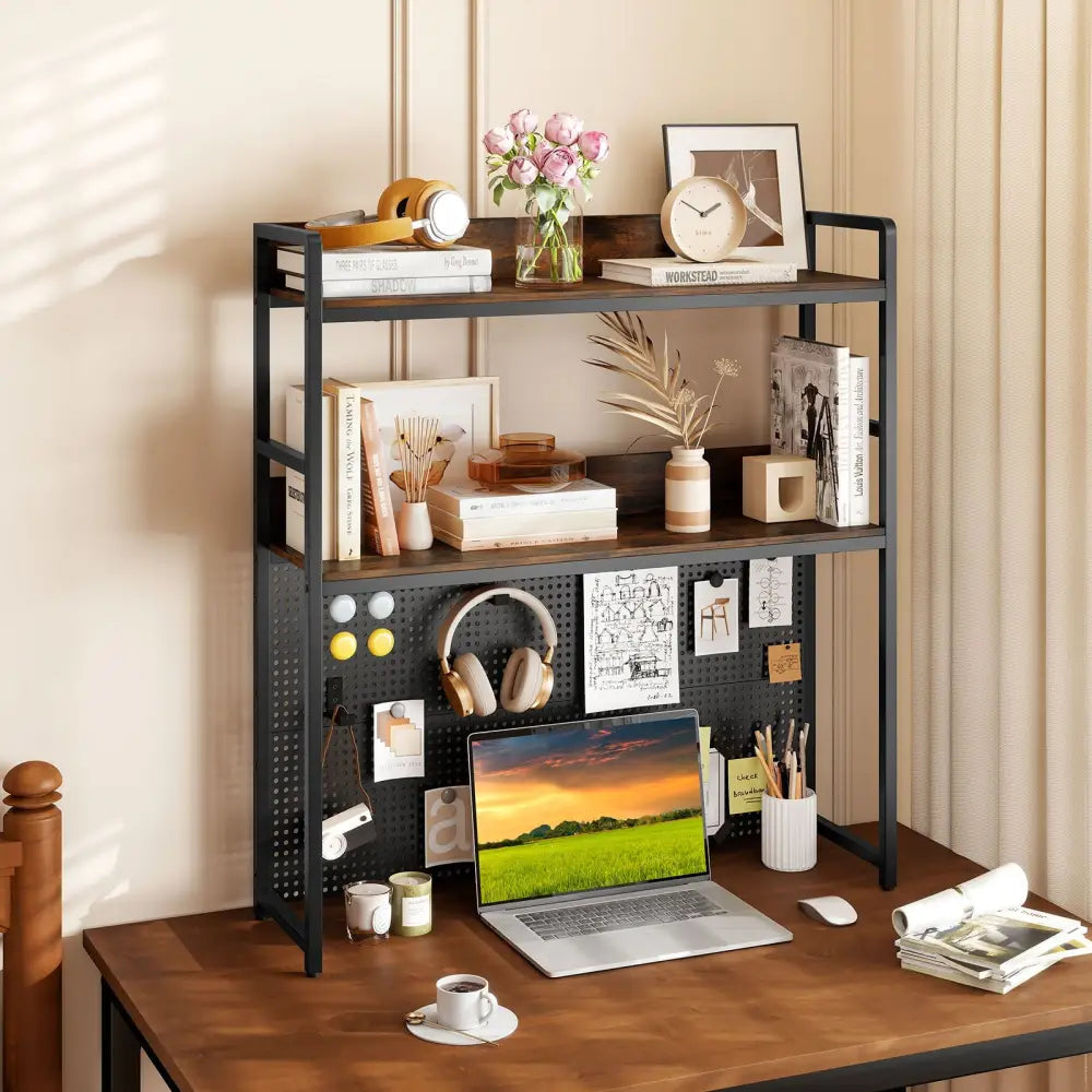 Multipurpose 2-Tier Desktop Bookshelf with Pegboard for up to 32 Inch Computer Monitor-Rustic Brown - Rustic Brown