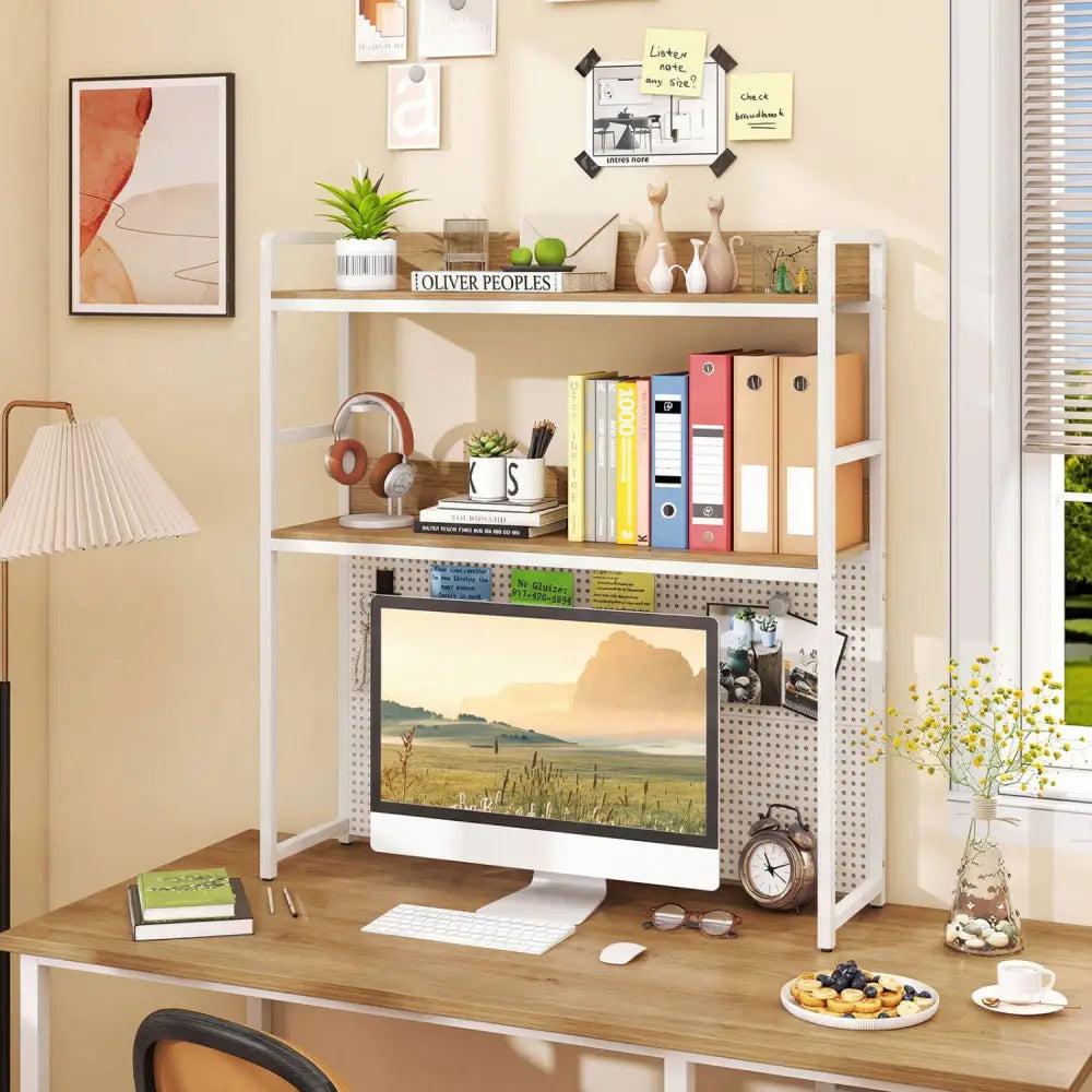 Multipurpose 2-Tier Desktop Bookshelf with Pegboard for up to 32 Inch Computer Monitor-Natural - Natural - Bookcases