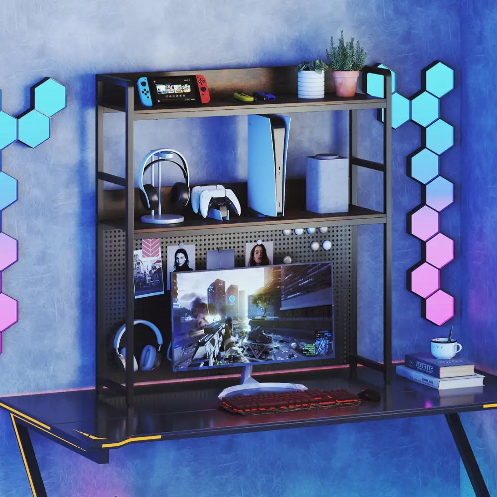 Multipurpose 2-Tier Desktop Bookshelf with Pegboard for up to 32 Inch Computer Monitor-Rustic Brown - Rustic Brown