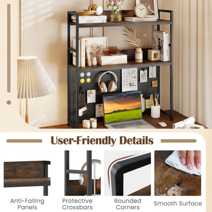 Multipurpose 2-Tier Desktop Bookshelf with Pegboard for up to 32 Inch Computer Monitor-Rustic Brown - Rustic Brown