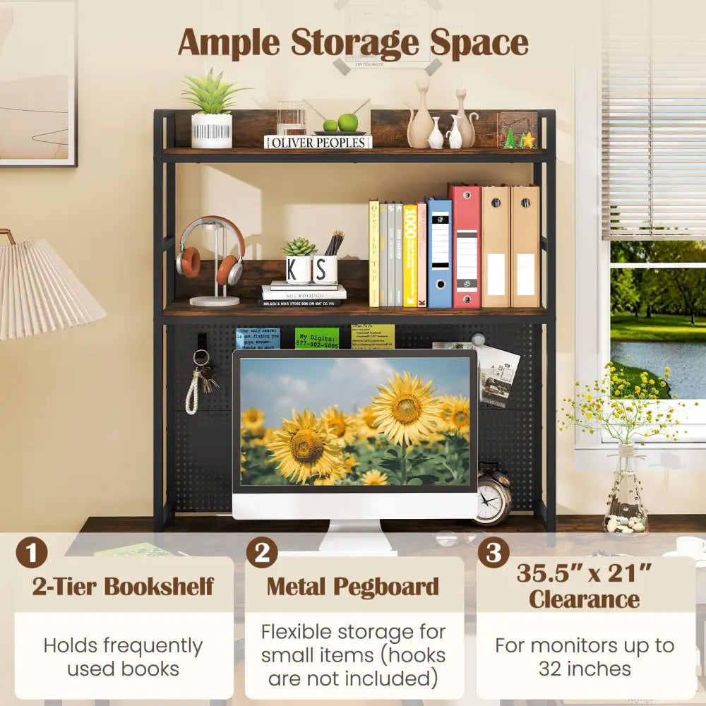 Multipurpose 2-Tier Desktop Bookshelf with Pegboard for up to 32 Inch Computer Monitor-Rustic Brown - Rustic Brown