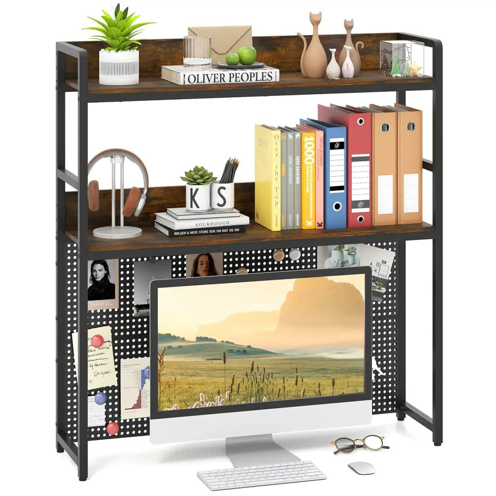 Multipurpose 2-Tier Desktop Bookshelf with Pegboard for up to 32 Inch Computer Monitor-Rustic Brown - Rustic Brown