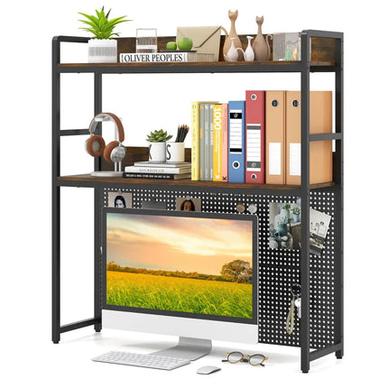Multipurpose 2-Tier Desktop Bookshelf with Pegboard for up to 32 Inch Computer Monitor-Rustic Brown - Rustic Brown