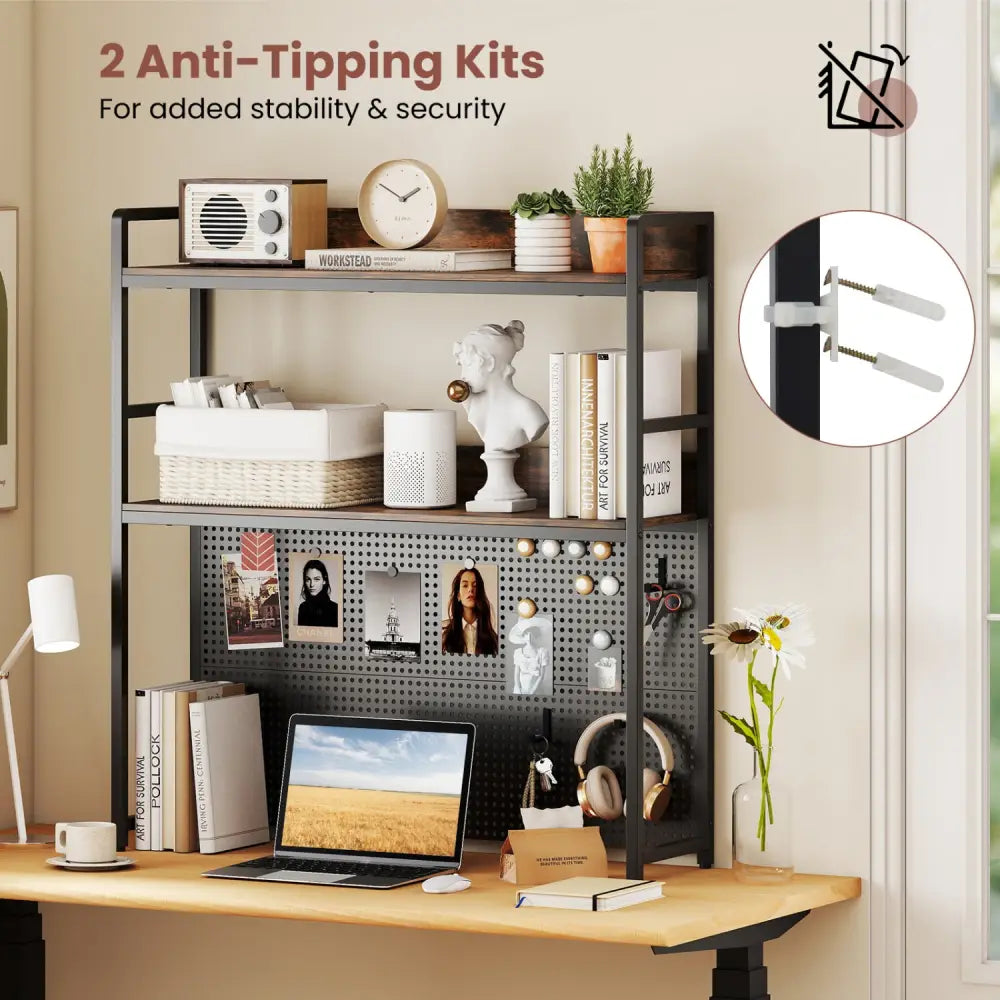 Multipurpose 2-Tier Desktop Bookshelf with Pegboard for up to 32 Inch Computer Monitor-Rustic Brown - Rustic Brown