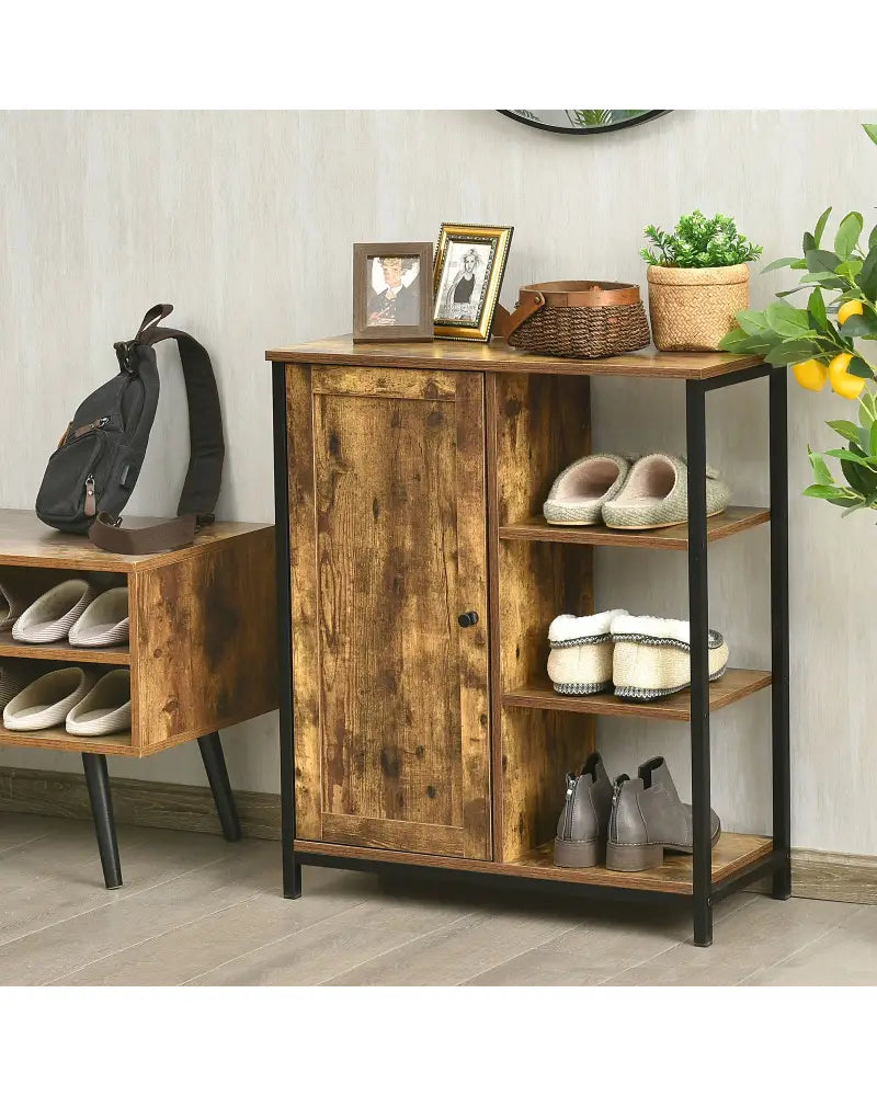 Multipurpose Freestanding Storage Cabinet with 3 Open Shelves and Doors - Rustic Brown - Cabinets & Chests