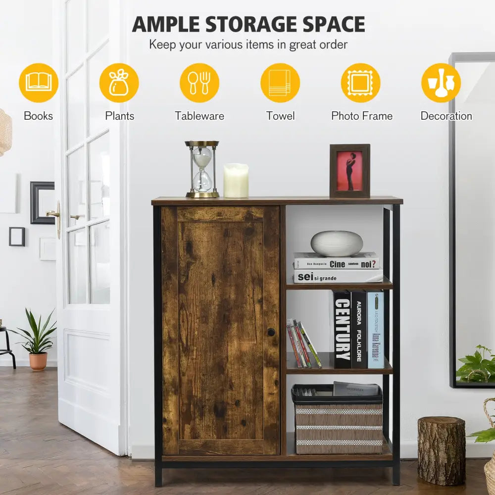 Multipurpose Freestanding Storage Cabinet with 3 Open Shelves and Doors - Rustic Brown - Cabinets & Chests
