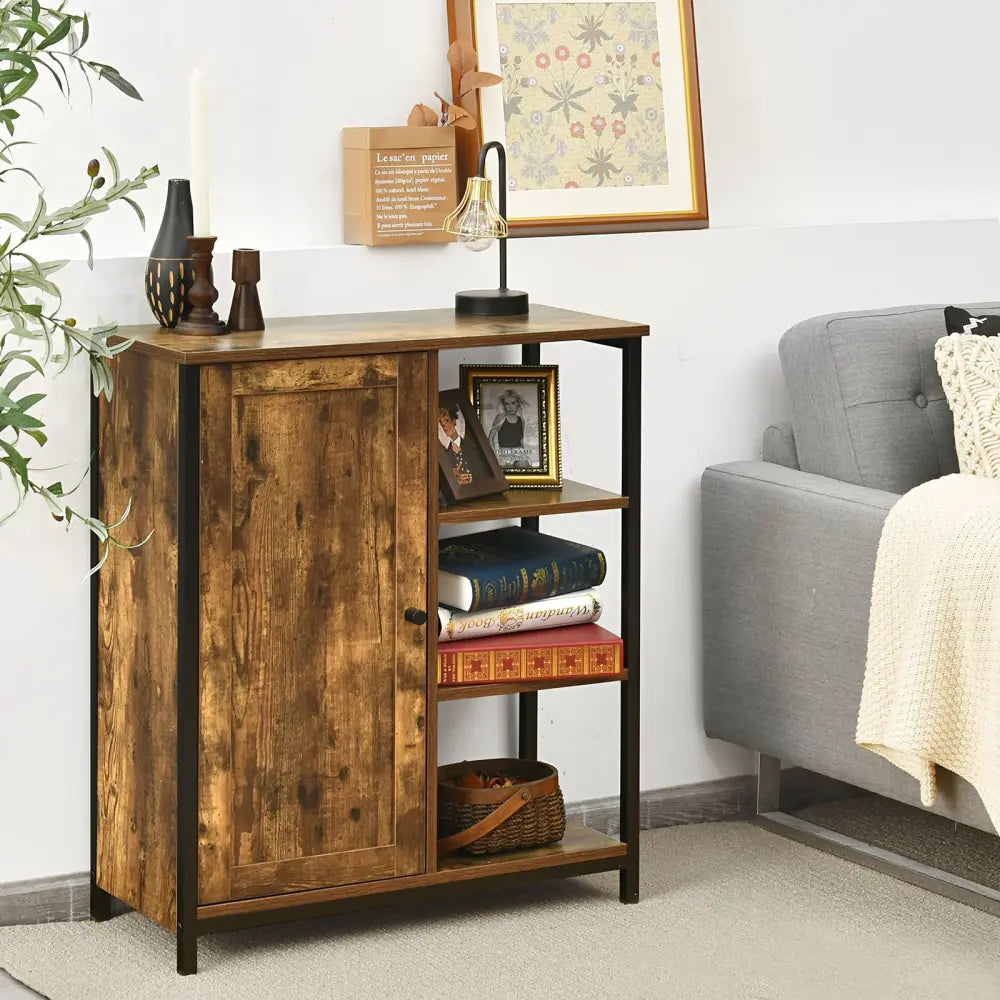 Multipurpose Freestanding Storage Cabinet with 3 Open Shelves and Doors - Rustic Brown - Cabinets & Chests