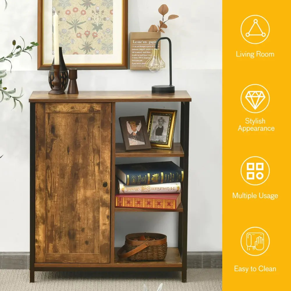 Multipurpose Freestanding Storage Cabinet with 3 Open Shelves and Doors - Rustic Brown - Cabinets & Chests