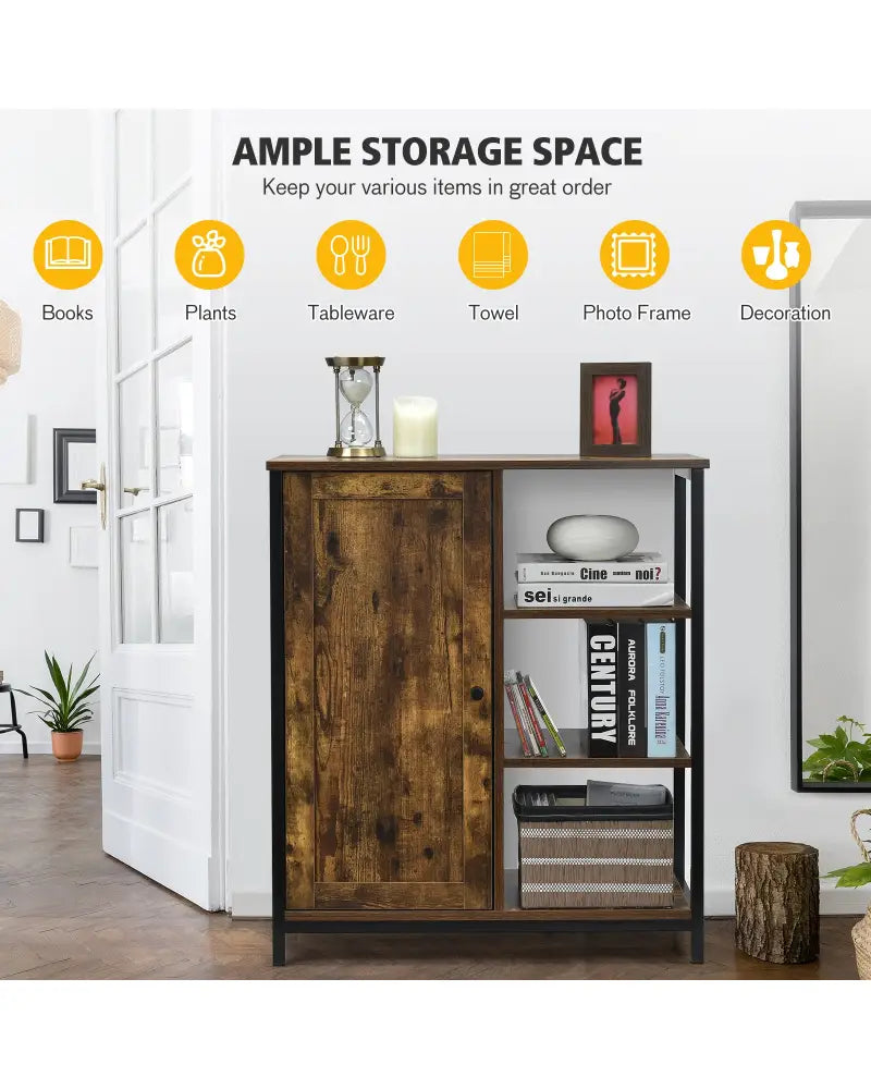 Multipurpose Freestanding Storage Cabinet with 3 Open Shelves and Doors - Rustic Brown - Cabinets & Chests