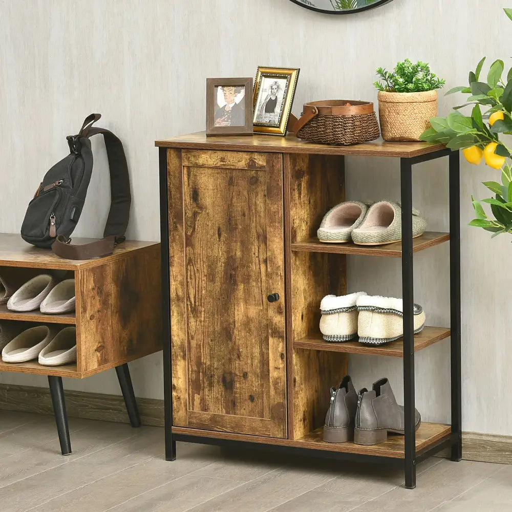 Multipurpose Freestanding Storage Cabinet with 3 Open Shelves and Doors - Rustic Brown - Cabinets & Chests