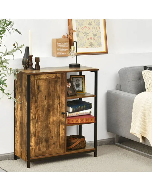 Multipurpose Freestanding Storage Cabinet with 3 Open Shelves and Doors - Rustic Brown - Cabinets & Chests
