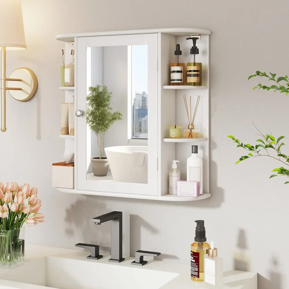 Multipurpose Mount Wall Mirror Bathroom Storage Cabinet-White - White - Wall Cabinets