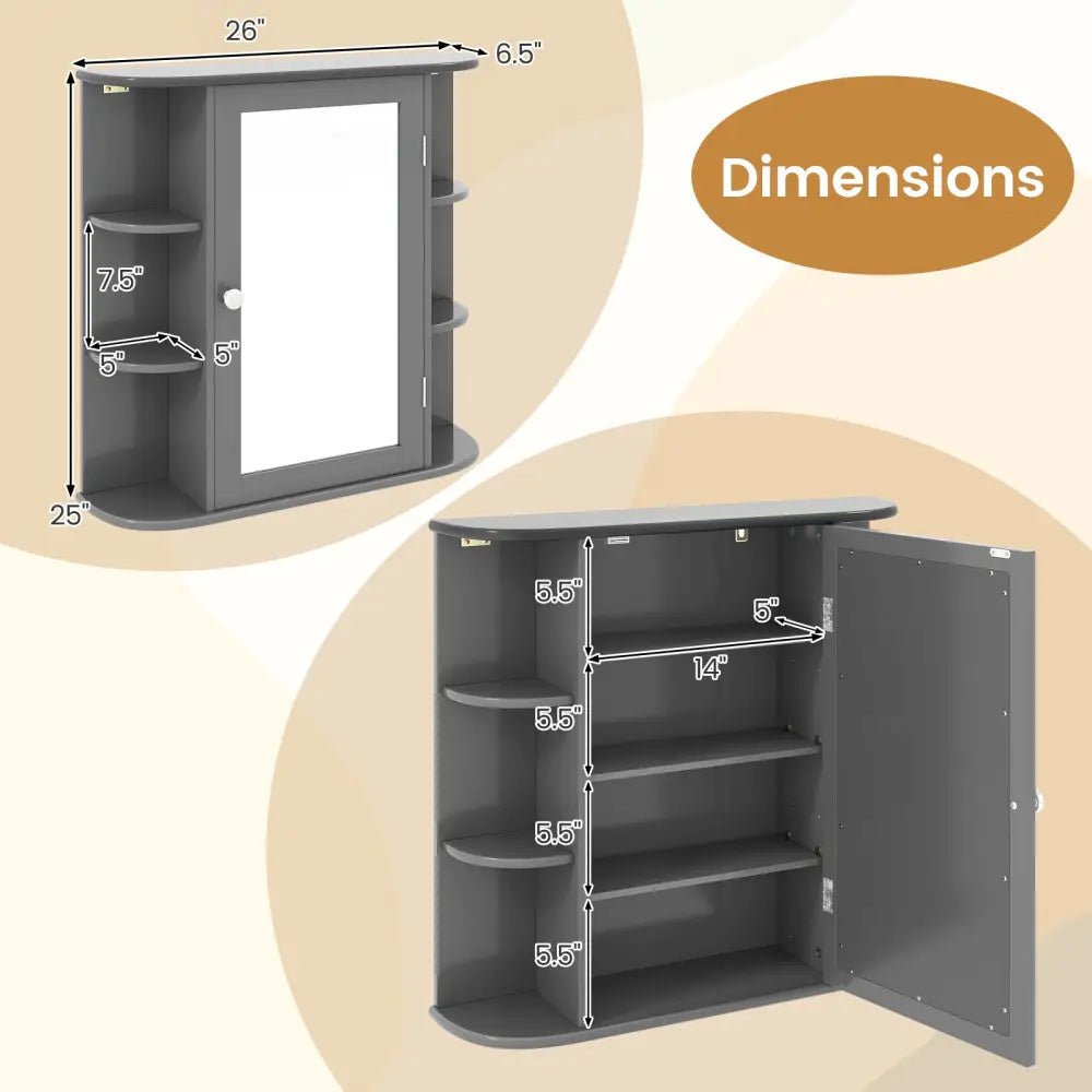Multipurpose Mount Wall Surface Bathroom Storage Cabinet with Mirror-Gray - Gray - Wall Cabinets