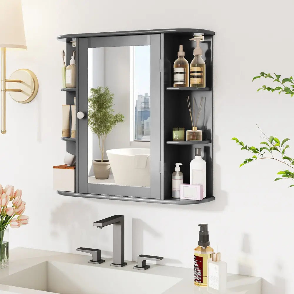 Multipurpose Mount Wall Surface Bathroom Storage Cabinet with Mirror-Gray - Gray - Wall Cabinets