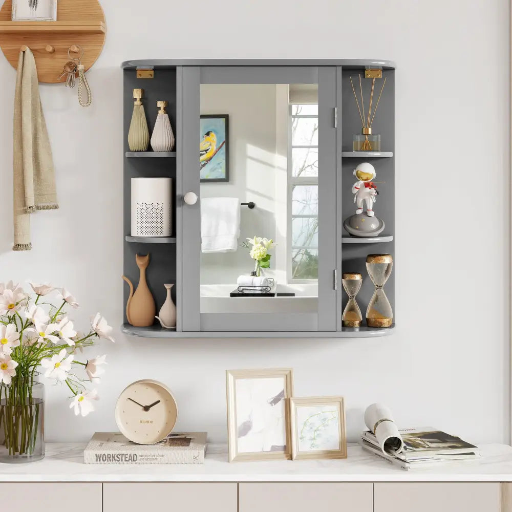 Multipurpose Mount Wall Surface Bathroom Storage Cabinet with Mirror-Gray - Gray - Wall Cabinets